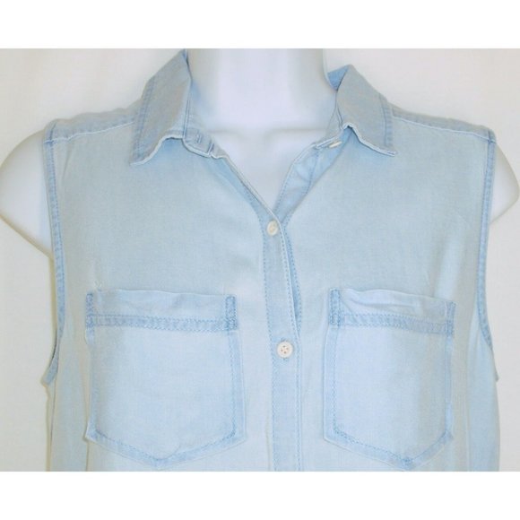 Rubbish Blue Chambray Button Up Top S Sleeveless Rayon - Picture 2 of 5